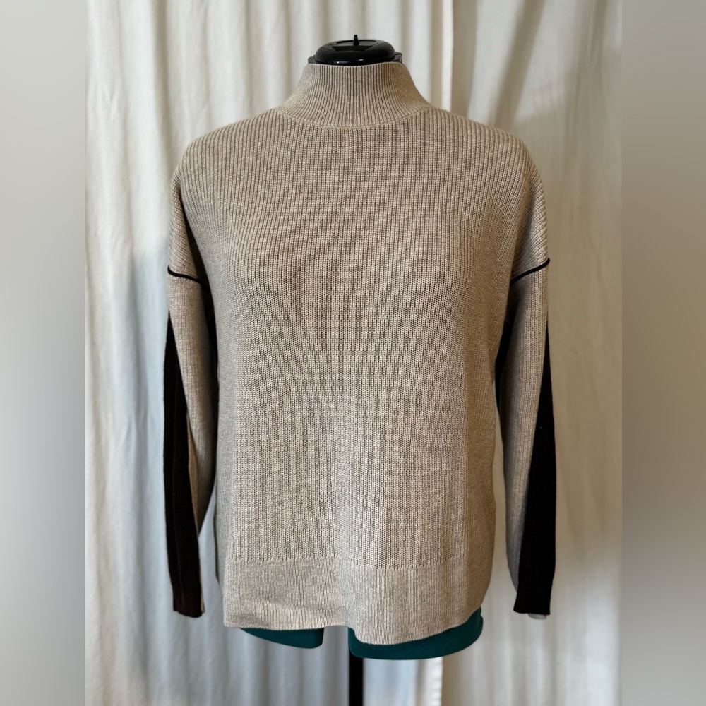 NWT J.Jill Tan and Chocolate Brown Mock Neck Cotton Knit Sweater Size Petite M